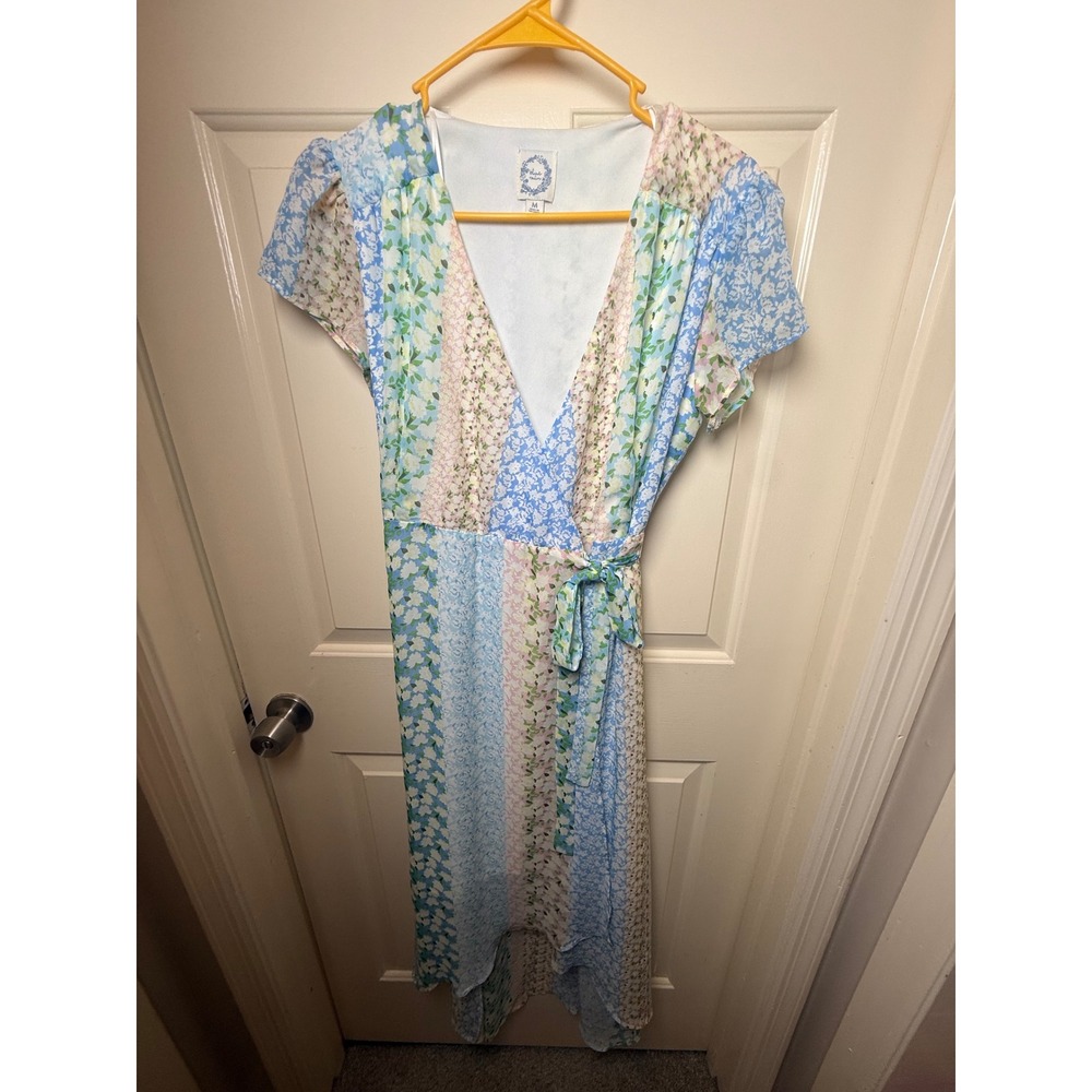 Blue Rain Mixed Floral Patchwork Wrap High Low Dress Blue Pink Green Madonna D12